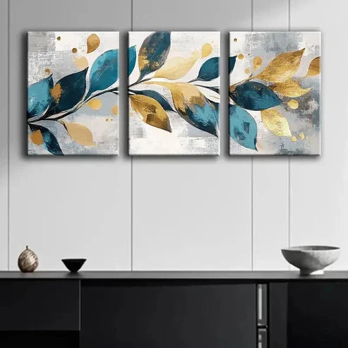3pcs Abstract Leaves Golden And Teal Perfect Wall Art Canvas Unframed – High Quality Print 100% Australian Made Wall Canvas