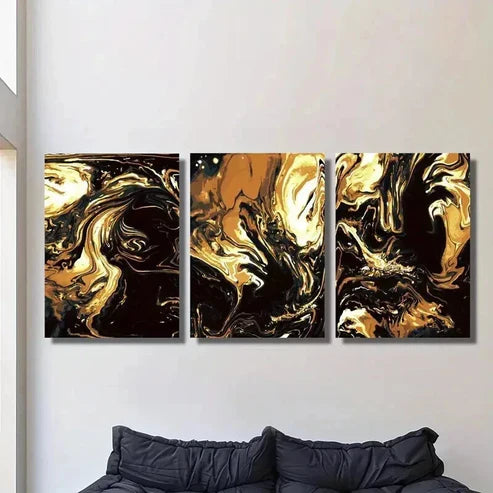 3pcs Luxurious Black & Golden Marble Design Wall Art Canvas Unframed - High Quality Print 100% Australian Made Wall Canvas