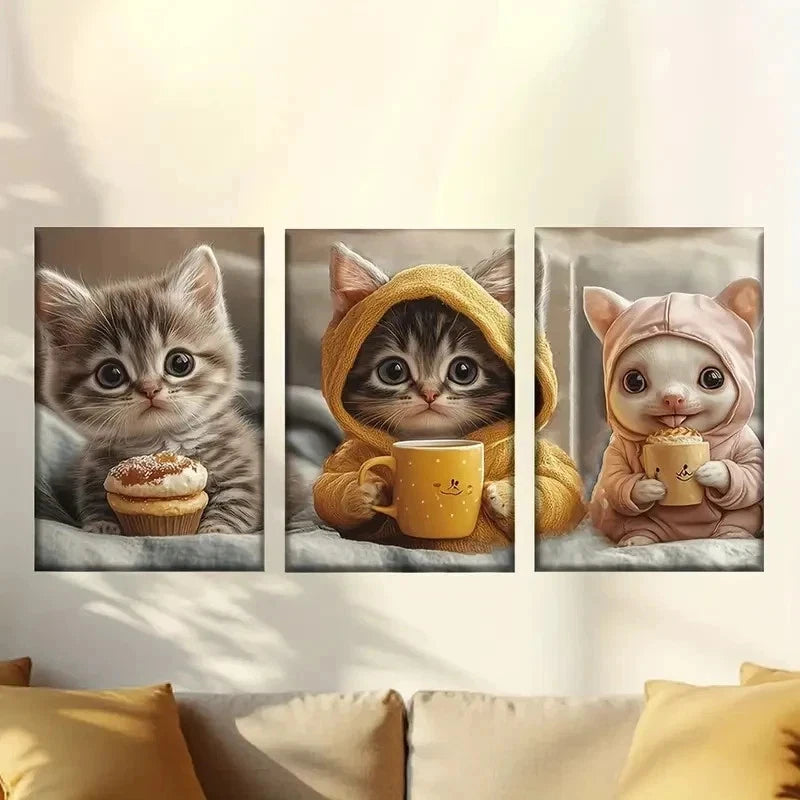 3pcs Cute modern style cake cat, coffee cat Wall Art Set Canvas Framed 60x90cm - High Quality Print 100% Australian Made Wall Canvas Ready to Hang