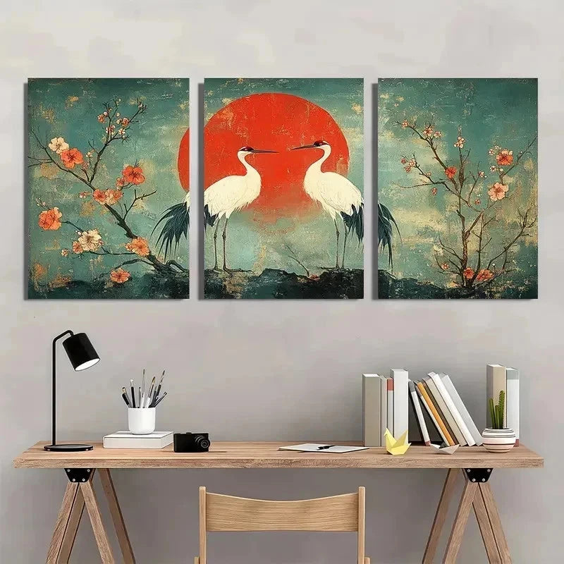 3pcs Two Cranes Utagawa Hiroshige Perfect Wall Art Set Canvas Framed 40x60cm - High Quality Print 100% Australian Made Wall Canvas Ready to Hang