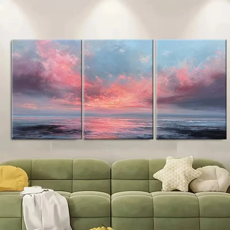 3pcs Pink Sky & Lake Landscape Coastal Wall Art Set Canvas Framed 60x90cm – High Quality Print 100% Australian Made Wall Canvas Ready to Hang