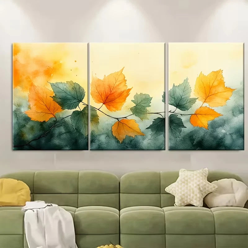 3pcs Watercolour Leaves Autumn Green Yellow Toned Metal Print Ready to Hang Art