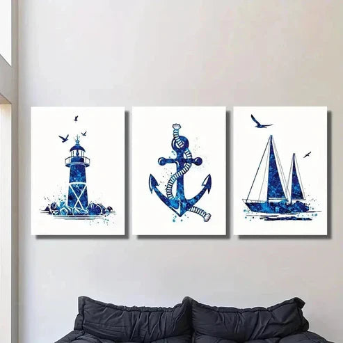 3pcs Navy Blue Lighthouse Sailboat Anchor Wall Art Canvas Unframed – High Quality Print 100% Australian Made Wall Canvas