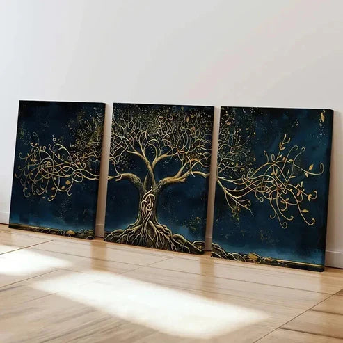 3pcs Golden Tree of Life Intricate Branch Wall Art Set Canvas Unframed - High Quality Print 100% Australian Made Wall Canvas