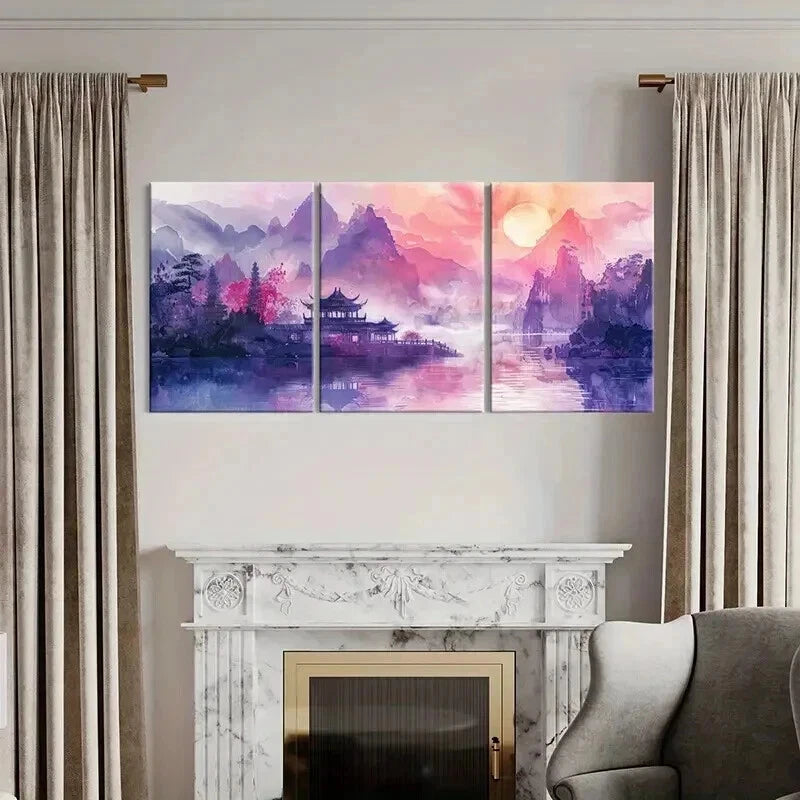 3pcs Vintage Sunrise Chinese Landscape Wall Art Set Canvas Framed 40x60cm - High Quality Print 100% Australian Made Wall Canvas Ready to Hang