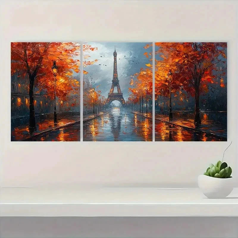 3pcs Vibrant Autumn Street Scene with Golden S Wall Art Set Canvas Framed 60x90cm - High Quality Print 100% Australian Made Wall Canvas Ready to Hang