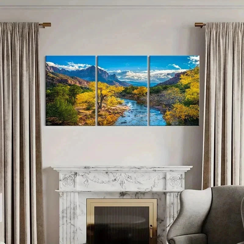 3pcs Mountains Forest and River Modern Wall Art Set Canvas Framed 40x60cm - High Quality Print 100% Australian Made Wall Canvas Ready to Hang