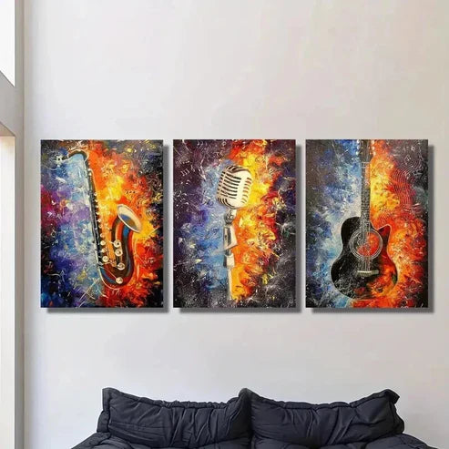 3pcs Colorful Saxophone Guitar Microphone Wall Art Canvas Unframed - High Quality Print 100% Australian Made Wall Canvas