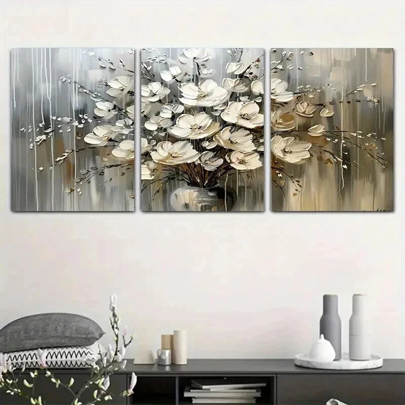 3pcs White and Silvery Floral Decoration Wall Art Set Canvas Framed 40x60cm - High Quality Print 100% Australian Made Wall Canvas Ready to Hang