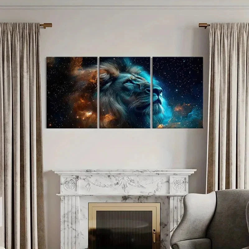 3pcs Lion Profile Cosmic Background Starry Sky Wall Art Set Canvas Framed 60x90cm - High Quality Print 100% Australian Made Wall Canvas Ready to Hang