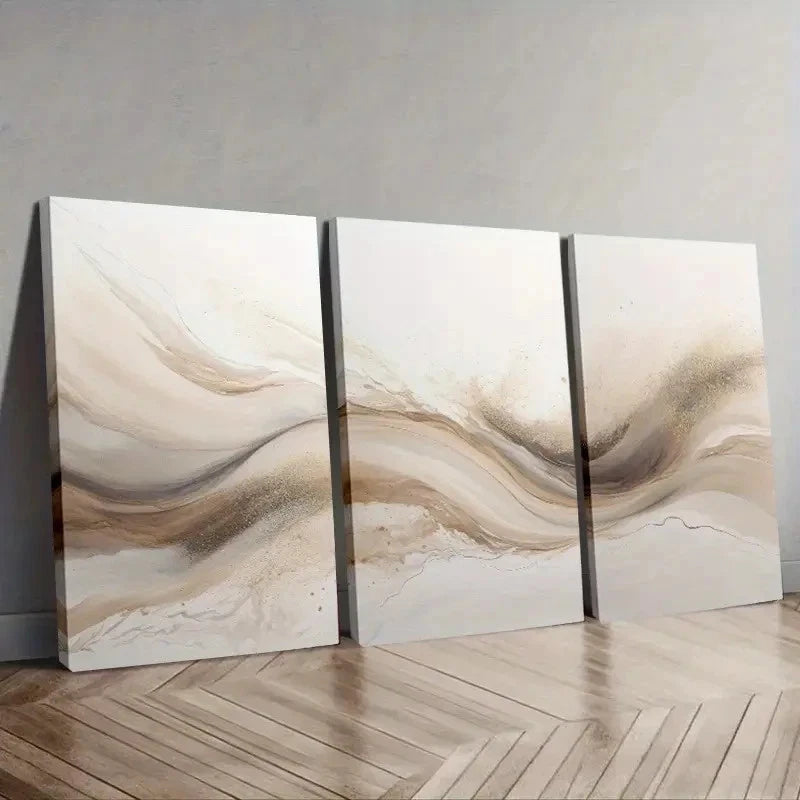 3pcs Neutral Beige Brown Gray Color Abstract Wall Art Set Canvas Framed 50x70cm - High Quality Print 100% Australian Made Wall Canvas Ready to Hang