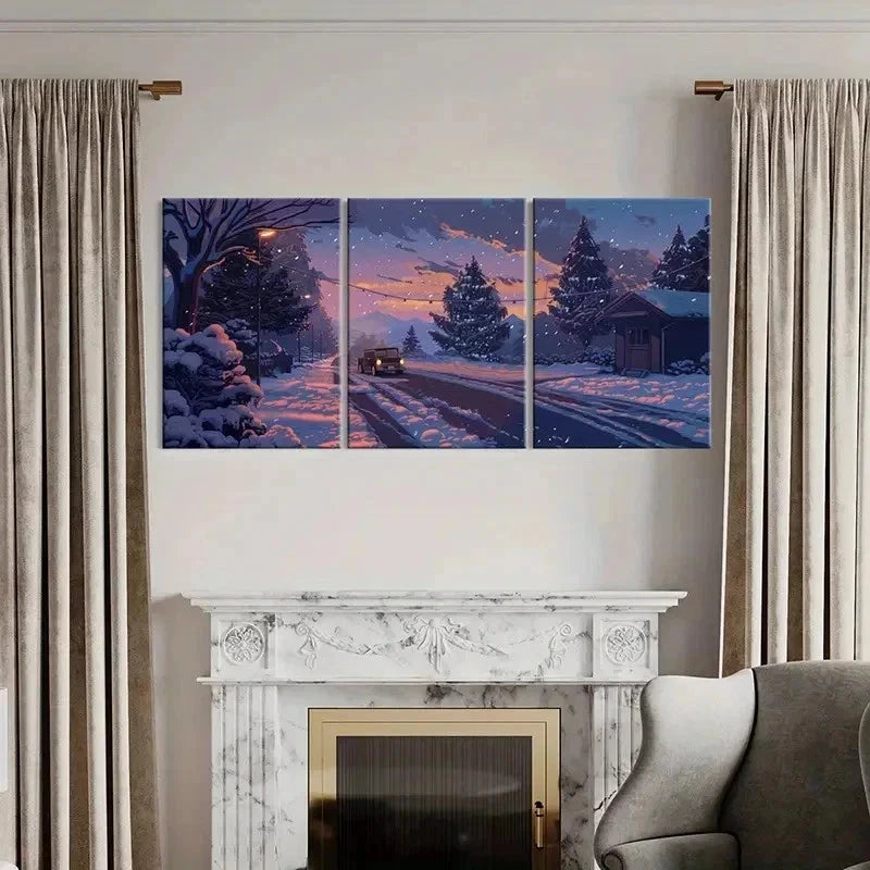 3pcs Snow Road Car & Cabin Vintage Wall Art Set Canvas Framed 40x60cm - High Quality Print 100% Australian Made Wall Canvas Ready to Hang