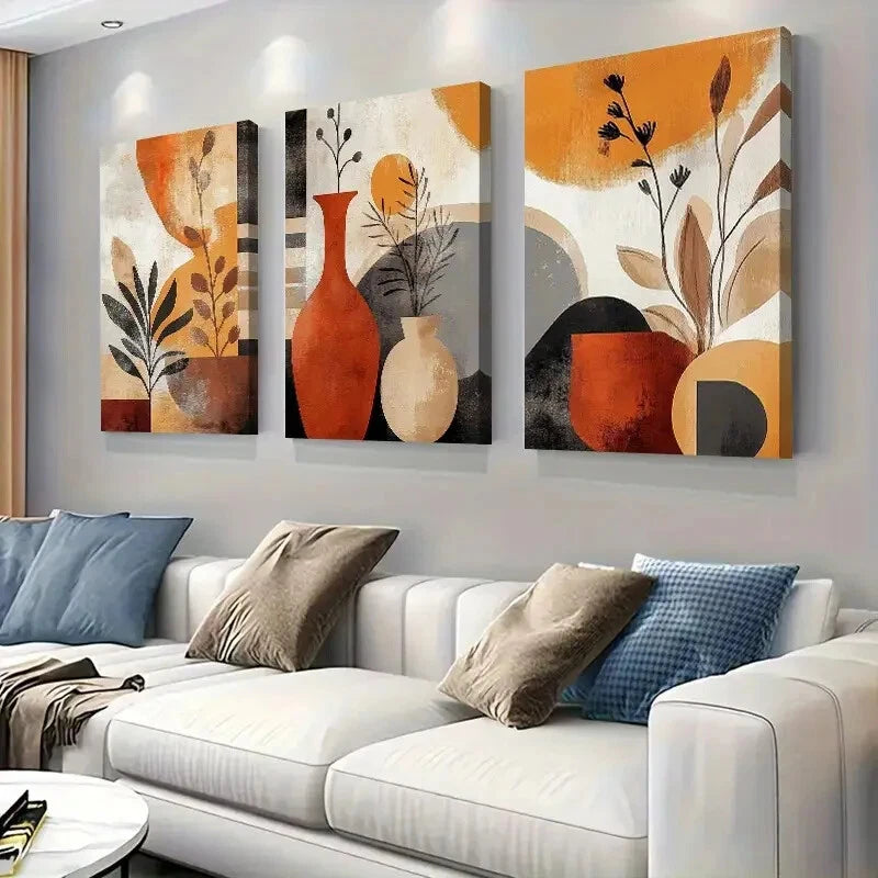 3pcs Abstract Vases Plants Beige Tones Perfect Wall Art Set Canvas Framed 40x60cm - High Quality Print 100% Australian Made Wall Canvas Ready to Hang