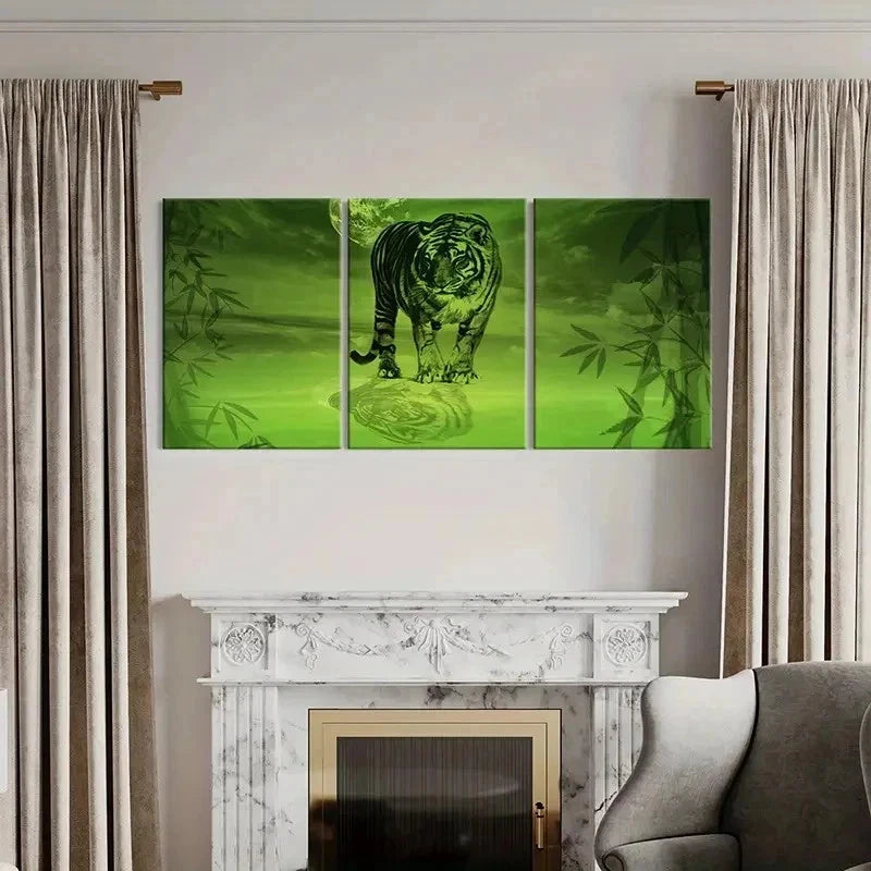 3pcs Vibrant Green Tiger screened Design Wall Art Set Canvas Framed 40x60cm - High Quality Print 100% Australian Made Wall Canvas Ready to Hang