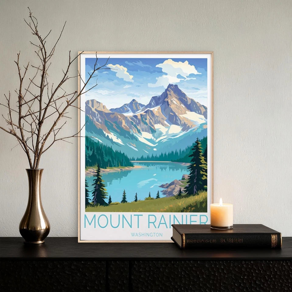 Mount Rainier Washington, River & Trees Travel Poster Print Wall Art