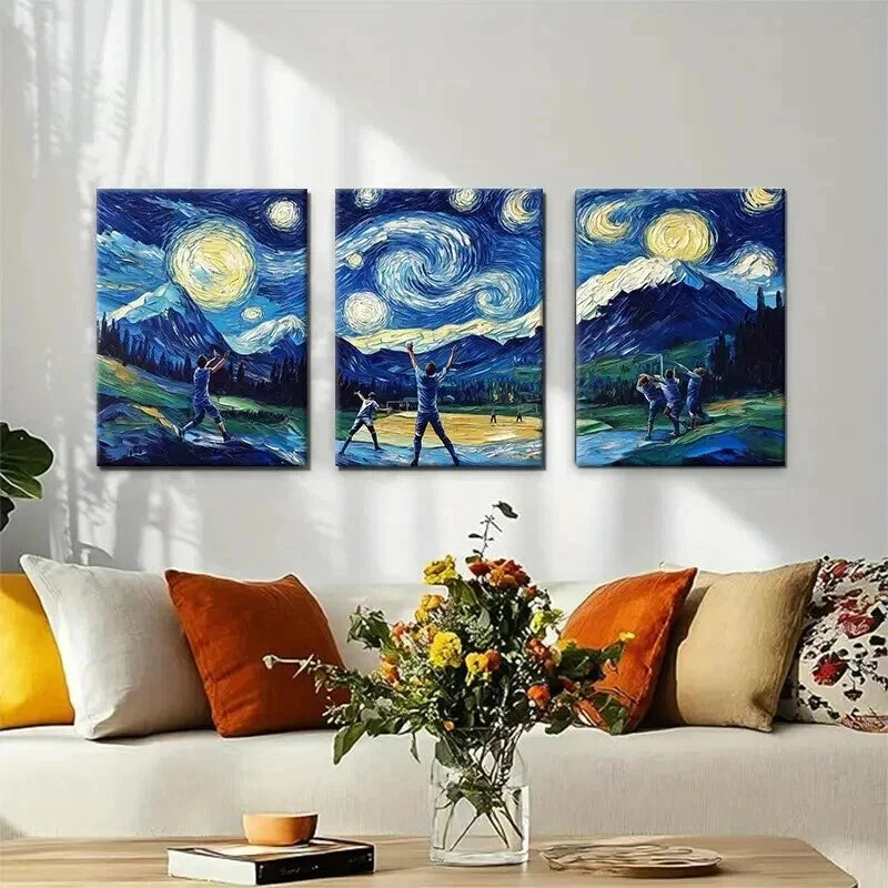 3pcs Baseball Starry Gogh Style Night Perfect Wall Art Set Canvas Framed 40x60cm - High Quality Print 100% Australian Made Wall Canvas Ready to Hang