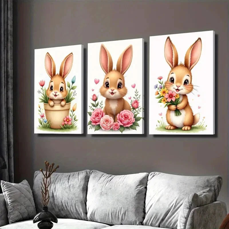 3pcs Charming Bunny Cute Rabbit Paintings flower Wall Art Set Canvas Framed 40x60cm - High Quality Print 100% Australian Made Wall Canvas Ready to Hang