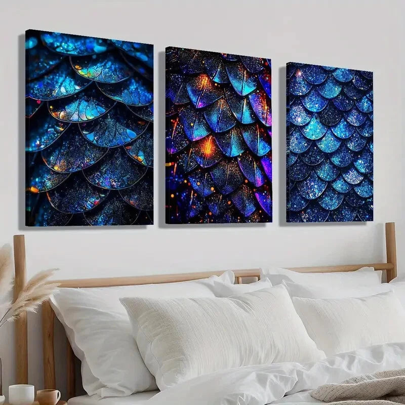 3pcs Blue Glitter Scales Décor Modern Perfect Wall Art Set Canvas Framed 40x60cm - High Quality Print 100% Australian Made Wall Canvas Ready to Hang