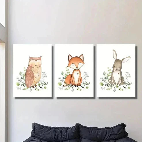 3pcs Cute Owl Fox and Rabbit Decoration Wall Art Set Canvas Unframed - High Quality Print 100% Australian Made Wall Canvas