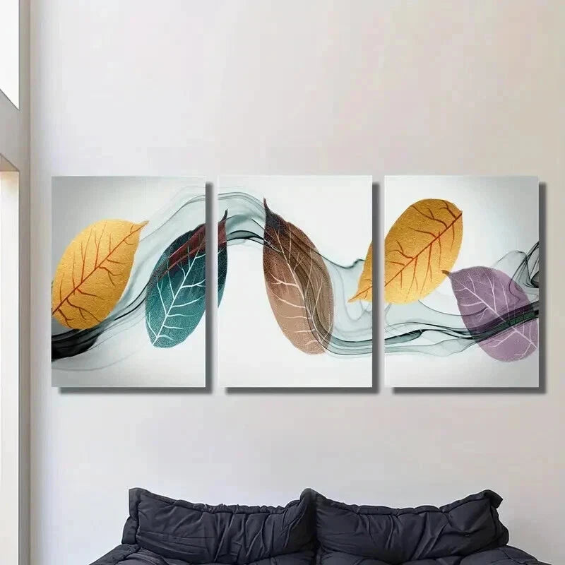 3pcs Fashionable Gold Blue Purple Leaves Wall Art Set Canvas Framed 40x60cm - High Quality Print 100% Australian Made Wall Canvas Ready to Hang