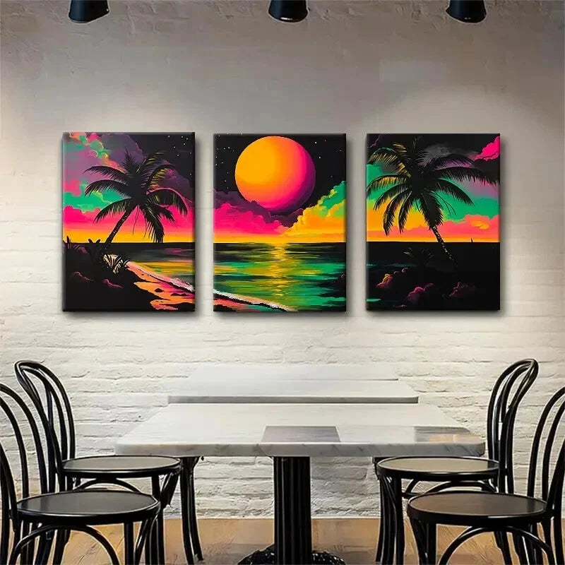 3pcs Sunset Tropical Beach Vibrant Palm Perfect Wall Art Set Canvas Framed 40x60cm - High Quality Print 100% Australian Made Wall Canvas Ready to Hang