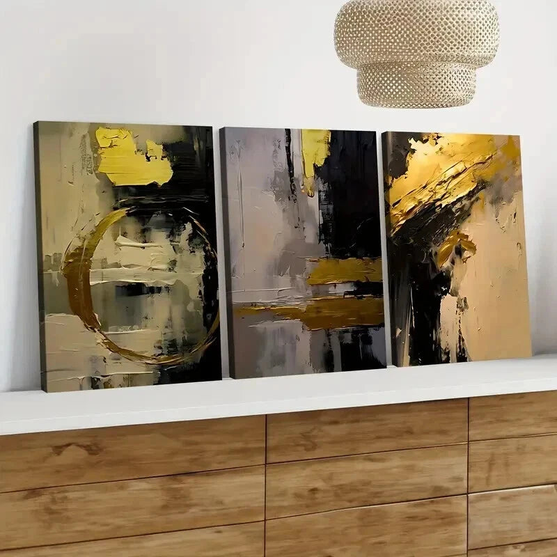 3pcs Golden and Black Abstract Oil Painting Wall Art Set Canvas Framed 50x70cm - High Quality Print 100% Australian Made Wall Canvas Ready to Hang