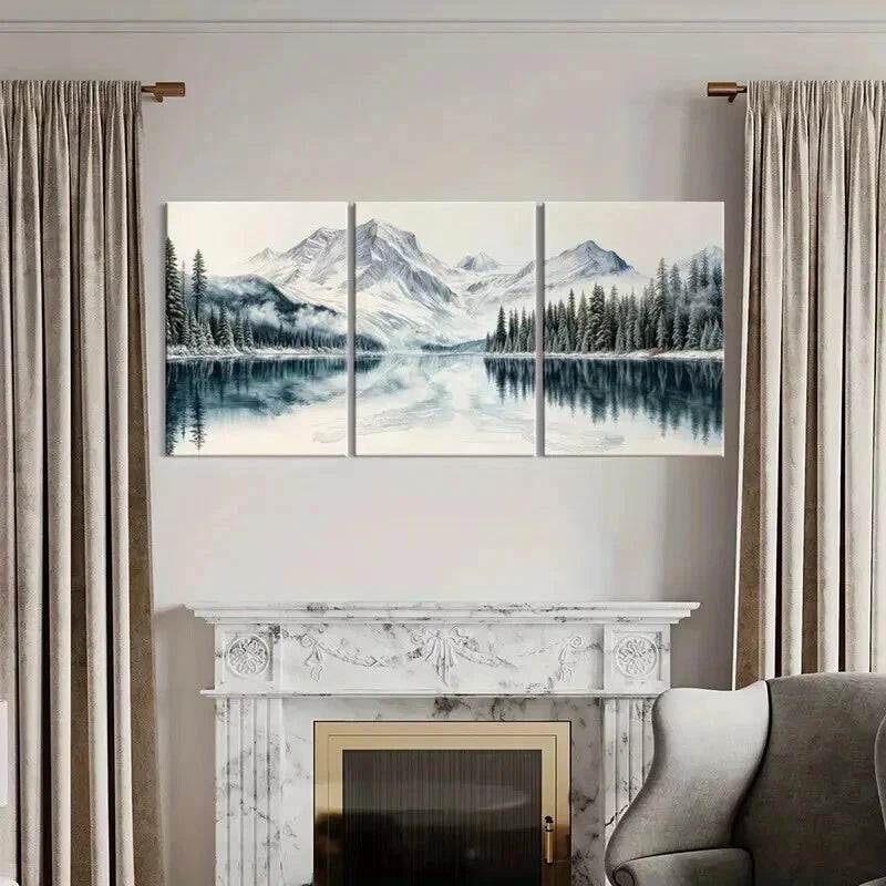 3pcs Snowy Mountains Serene Lake & Pine Trees Wall Art Set Canvas Framed 40x60cm - High Quality Print 100% Australian Made Wall Canvas Ready to Hang