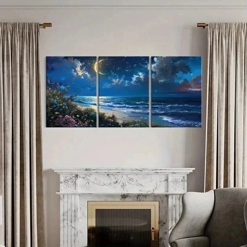 3pcs Fantasy Landscape Seaside Moon Flowers Wall Art Set Canvas Framed 40x60cm - High Quality Print 100% Australian Made Wall Canvas Ready to Hang