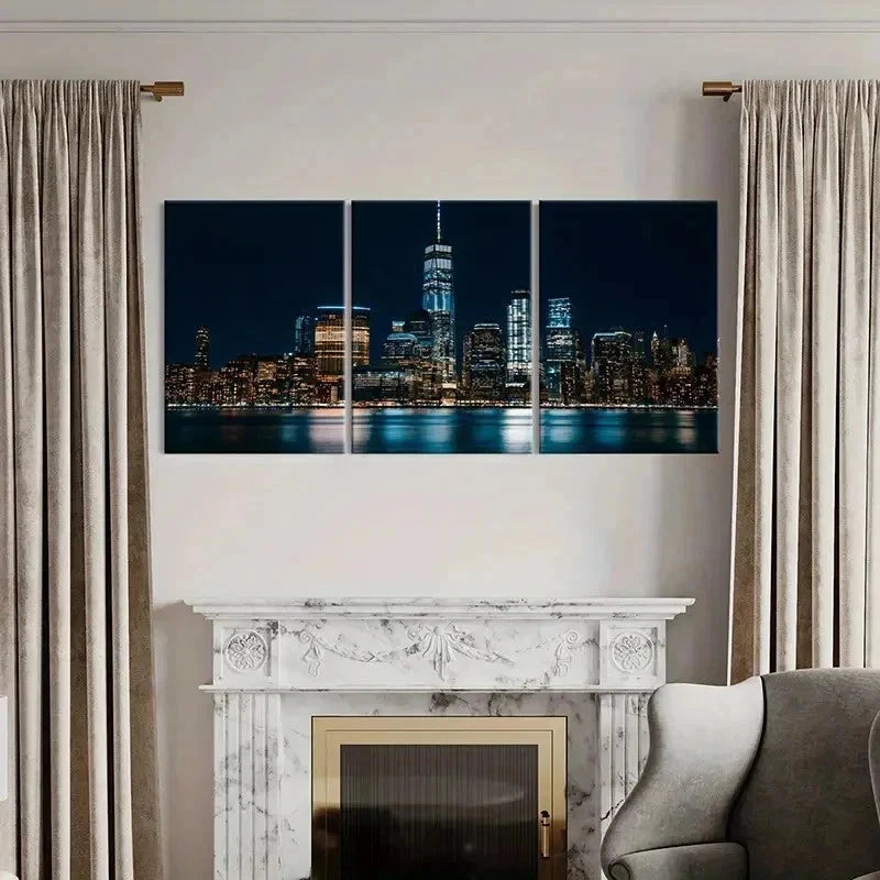 3pcs New York City at Night Modern Wall Art Set Canvas Framed 40x60cm - High Quality Print 100% Australian Made Wall Canvas Ready to Hang