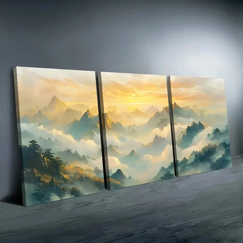 3pcs Serene Mountain Landscape With Sunset Wall Art Set Canvas Framed 40x60cm - High Quality Print 100% Australian Made Wall Canvas Ready to Hang