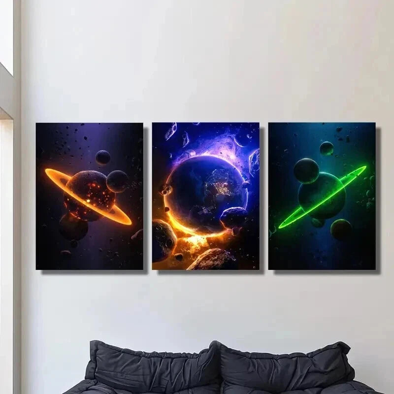 3pcs Abstract Colorful Space Planets Wall Art Set Canvas Framed 40x60cm - High Quality Print 100% Australian Made Wall Canvas Ready to Hang