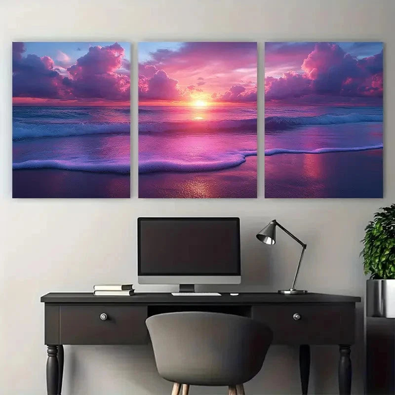3pcs Beach Sunrise Cotton Candy Pink Perfect Wall Art Set Canvas Framed 40x60cm - High Quality Print 100% Australian Made Wall Canvas Ready to Hang