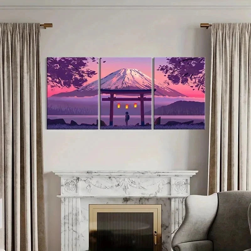 3pcs Japanese Style Mount Fuji Anime Landscape Wall Art Set Canvas Framed 40x60cm - High Quality Print 100% Australian Made Wall Canvas Ready to Hang