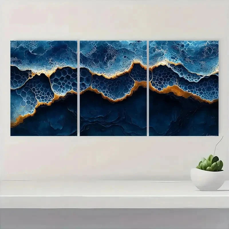3pcs Shades of Indigo & Honeycomb Design Q Wall Art Set Canvas Framed 50x70cm - High Quality Print 100% Australian Made Wall Canvas Ready to Hang