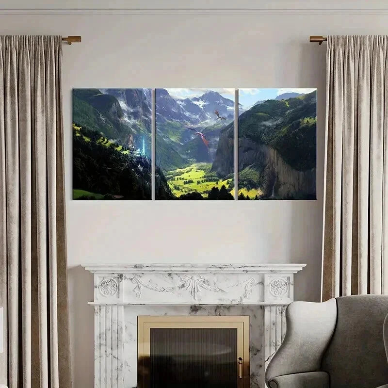 3pcs Fantasy Otherworld Art Dragons Valley Wall Art Set Canvas Framed 40x60cm - High Quality Print 100% Australian Made Wall Canvas Ready to Hang