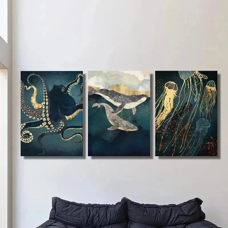 3pcs Abstract Octopus Whale Jellyfish Wall Art Set Canvas Framed 50x70cm - High Quality Print 100% Australian Made Wall Canvas Ready to Hang