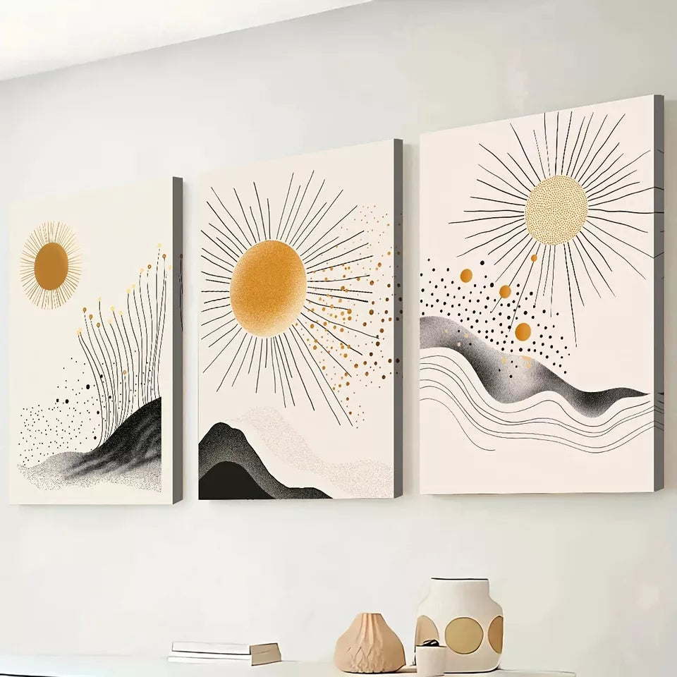3pcs Minimalist Sun Mountain Modern Abstract Wall Art Set Canvas Framed 50x70cm - High Quality Print 100% Australian Made Wall Canvas Ready to Hang