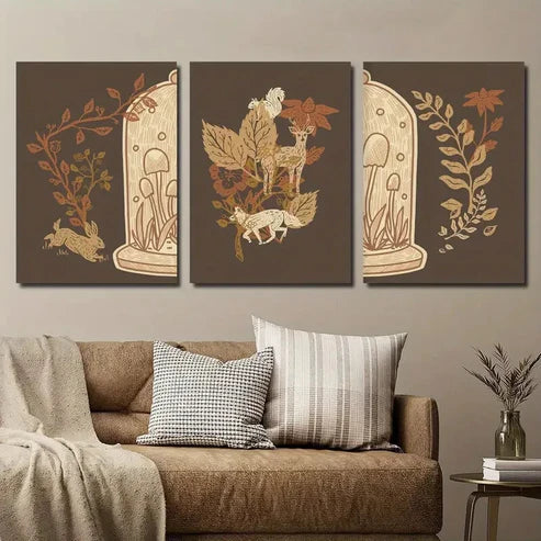 3pcs Earthy Brown Plant Leaves Illustration Wall Art Set Canvas Unframed - High Quality Print 100% Australian Made Wall Canvas