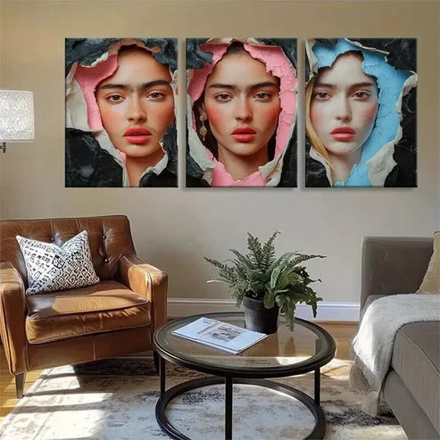 3pcs Elegant Female Faces Torn Paper Prefect Wall Art Canvas Unframed - High Quality Print 100% Australian Made Wall Canvas