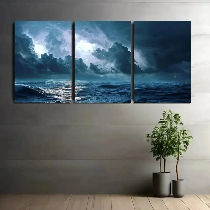 3pcs Dark Blue Stormy Sea & Thunder Sky Scene Metal Print Ready to Hang Art