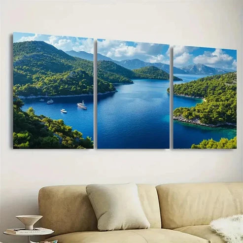3pcs Blue Waters & Lush Greenery Wall Art Canvas Unframed - High Quality Print 100% Australian Made Wall Canvas