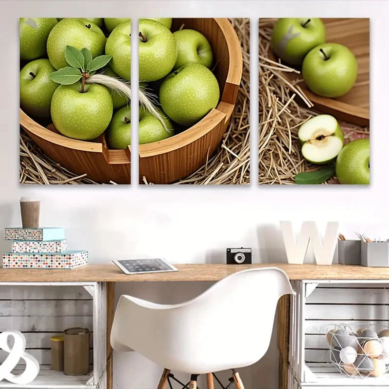3pcs Wooden Bowl with Green Apples Wall Art Set Canvas Framed 50x70cm - High Quality Print 100% Australian Made Wall Canvas Ready to Hang