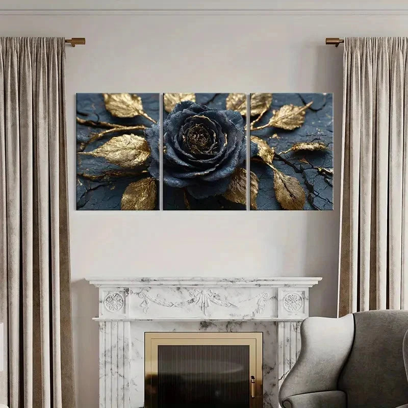 3pcs Black Rose Golden Leaves Art Wall Art Set Canvas Framed 60x90cm - High Quality Print 100% Australian Made Wall Canvas Ready to Hang