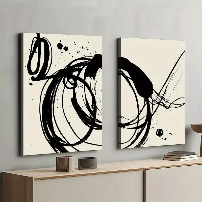 2 Piece Abstract Black Ink Art Framed 50x75cm - High Quality Print 100% Australian Made Wall Canvas Ready to Hang - Bella Home Decor