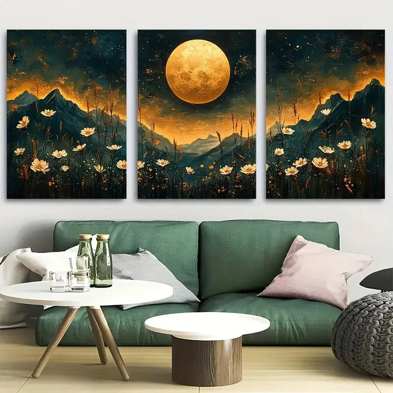 3pcs Full Moon Floral Night Sky White Perfect Wall Art Set Canvas Framed 40x60cm - High Quality Print 100% Australian Made Wall Canvas Ready to Hang