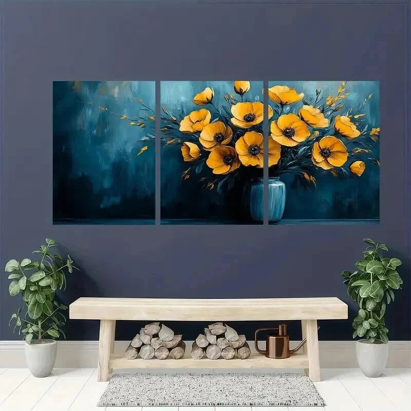 3pcs Abstract Vibrant Blue & Yellow Floral Wall Art Set Canvas Framed 40x60cm - High Quality Print 100% Australian Made Wall Canvas Ready to Hang