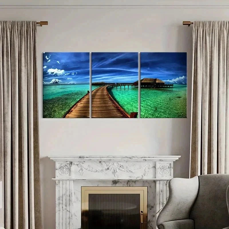 3pcs Sea View Cabin Bridge Landscape Wall Art Set Canvas Framed 40x60cm - High Quality Print 100% Australian Made Wall Canvas Ready to Hang