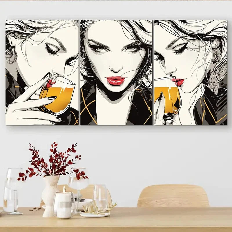 3pcs Women Drinking Cocktail Chic Poses Perfect Wall Art Set Canvas Framed 40x60cm - High Quality Print 100% Australian Made Wall Canvas Ready to Hang