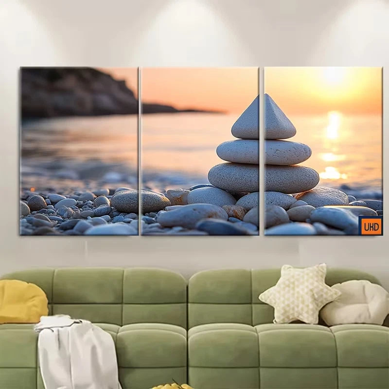 3pcs Balanced Pebble Pyramid on Shore Zen Metal Print Ready to Hang Art