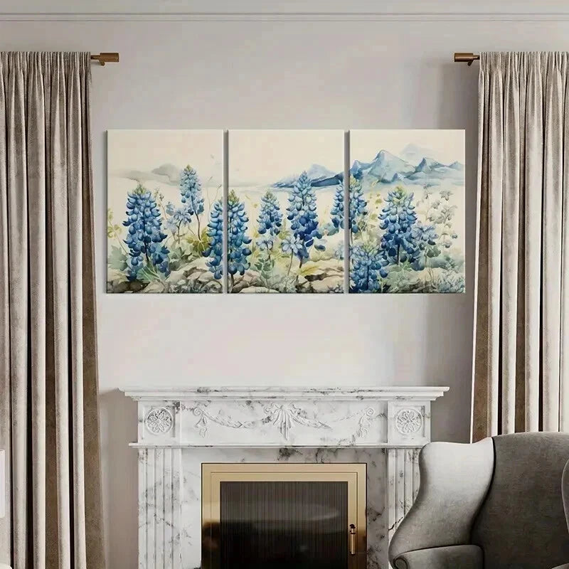 3pcs Mountain Landscape with Bluebonnet Flowers Wall Art Set Canvas Framed 40x60cm - High Quality Print 100% Australian Made Wall Canvas Ready to Hang